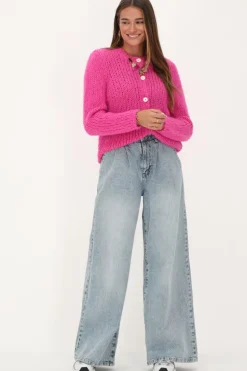Roze Grof Gebreid Vest Met Knopen