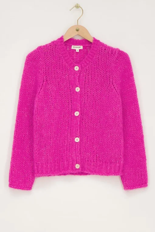 Roze Grof Gebreid Vest Met Knopen