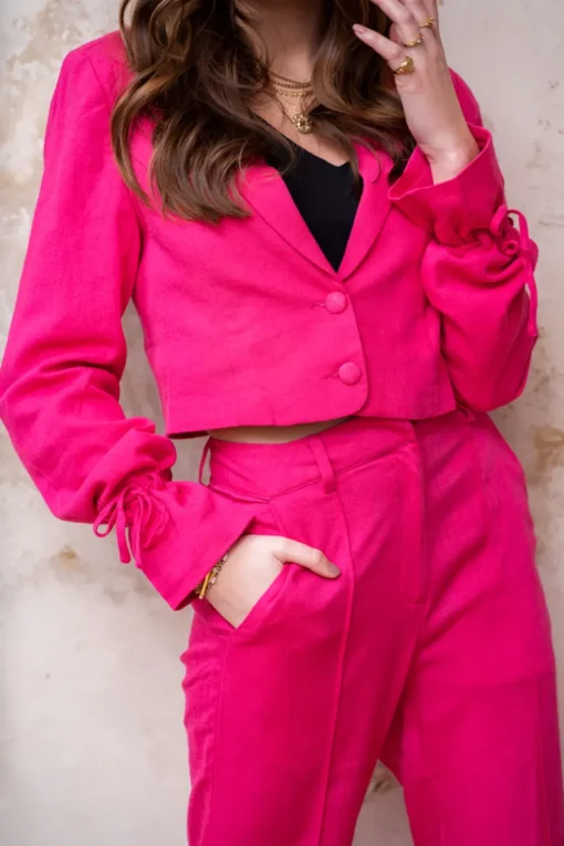 Roze Linnen Look Blazer Cropped