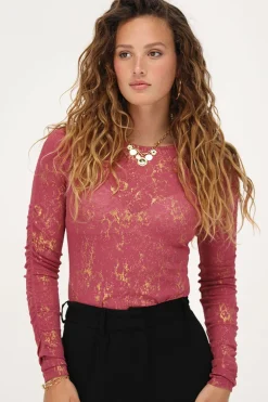 Roze Metallic Top Met Gedrapeerde Mouw