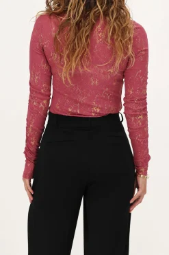 Roze Metallic Top Met Gedrapeerde Mouw
