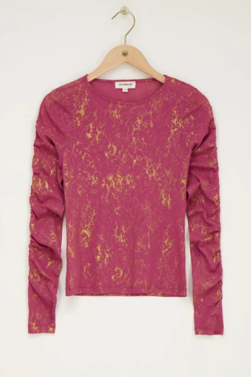 Roze Metallic Top Met Gedrapeerde Mouw