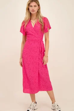 Roze Midi Wikkeljurk Met Rode Bloemenprint