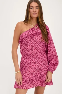 Roze One-shoulder Top Met Ikat Print En Ruffle
