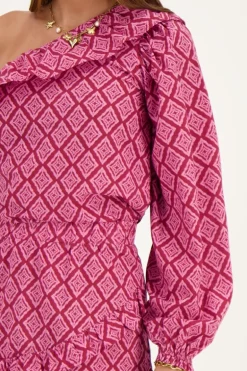 Roze One-shoulder Top Met Ikat Print En Ruffle
