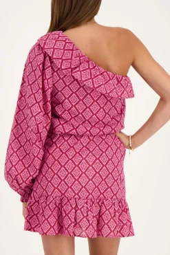 Roze One-shoulder Top Met Ikat Print En Ruffle