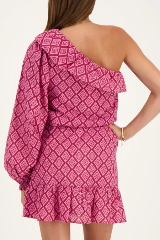 Roze One-shoulder Top Met Ikat Print En Ruffle