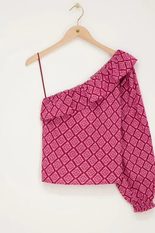Roze One-shoulder Top Met Ikat Print En Ruffle
