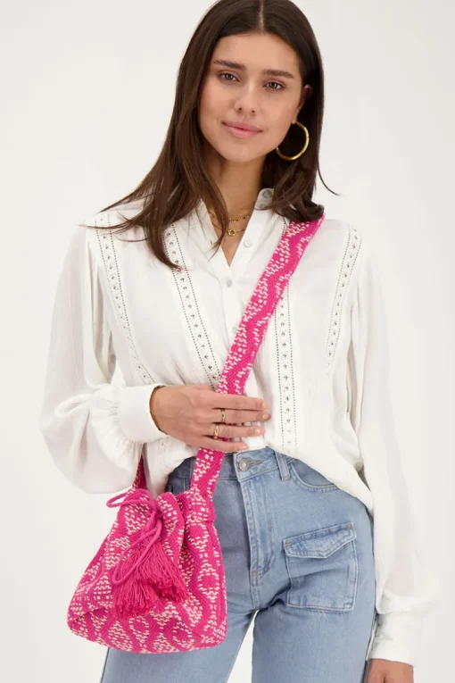 Roze Ronde Schoudertas Met Geweven Aztec Print