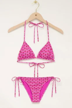 Roze Triangel Bikini Set Met Rode Bloemenprint