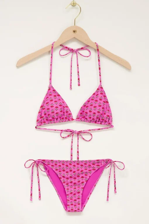 Roze Triangel Bikini Set Met Rode Bloemenprint