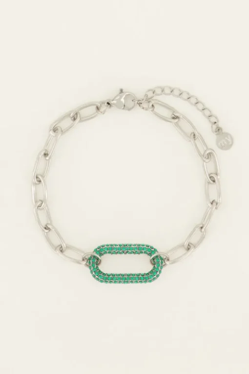 Schakelarmband Met Groene Strass Bedel