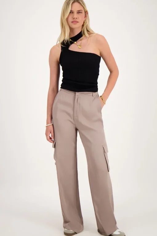 Taupe Cargo Wide Leg Met Satijnen Look