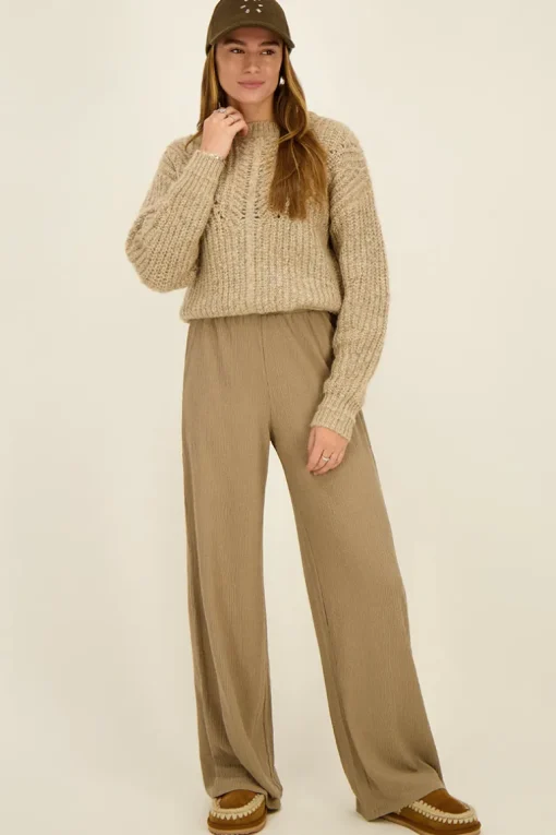 Taupe Wide Leg Broek Met Structuur