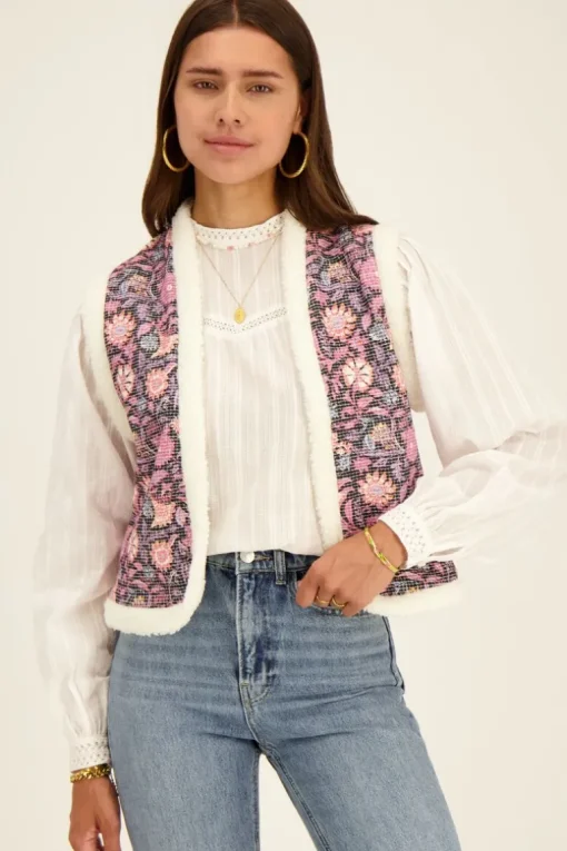 Teddy Gilet Met Paarse Bloemenprint