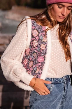 Teddy Gilet Met Paarse Bloemenprint
