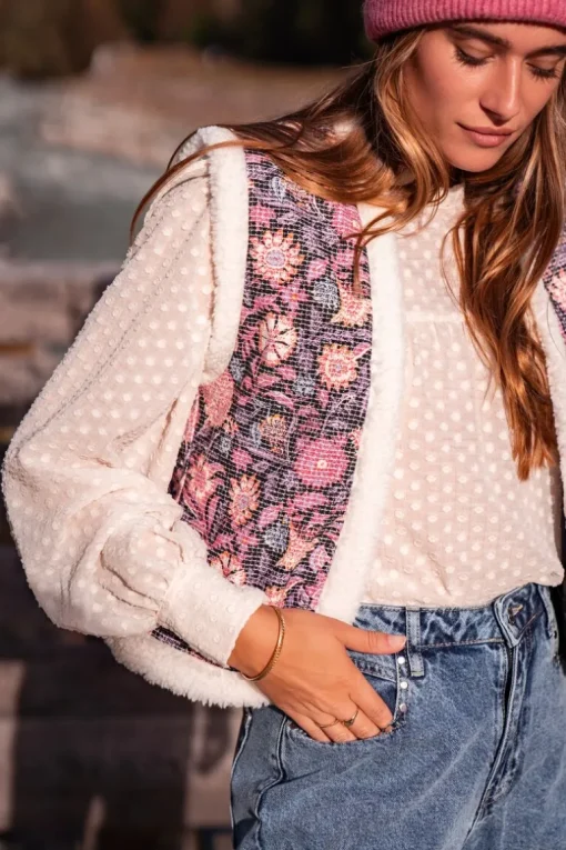 Teddy Gilet Met Paarse Bloemenprint