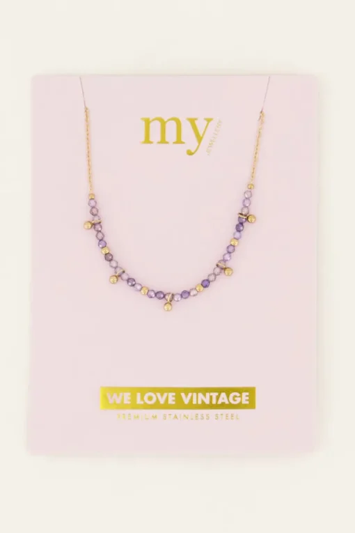 Vintage Ketting Met Lila Kralen & Bolletjes