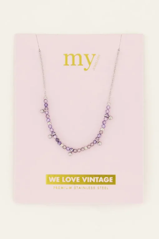 Vintage Ketting Met Lila Kralen & Bolletjes
