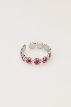 Vintage Ring Met Roze & Rode Bloemetjes