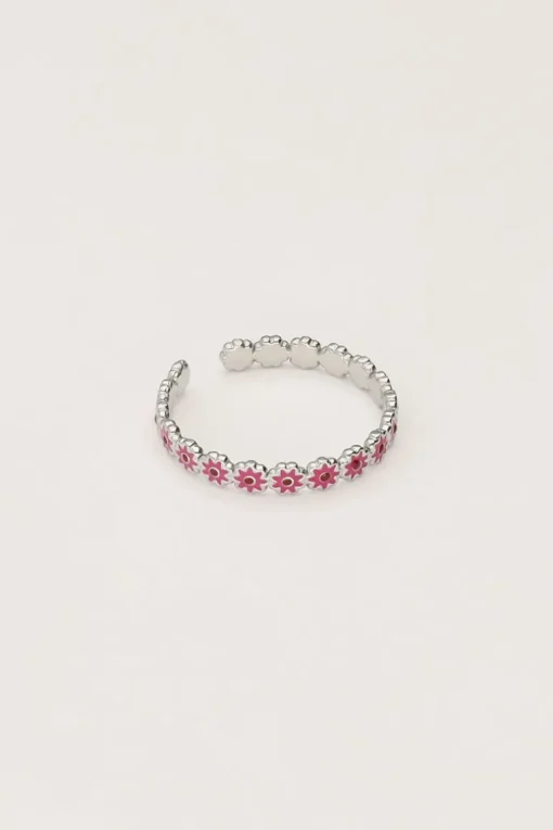 Vintage Ring Met Roze & Rode Bloemetjes Mini