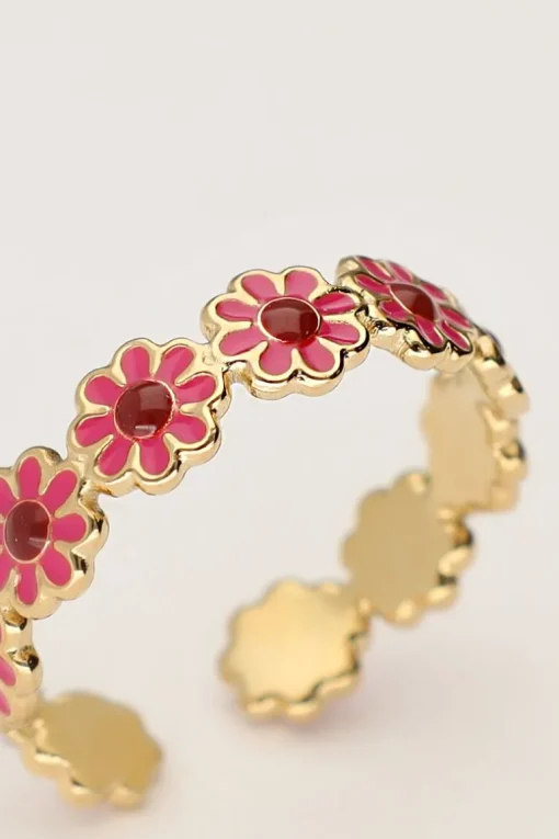 Vintage Ring Met Roze & Rode Bloemetjes