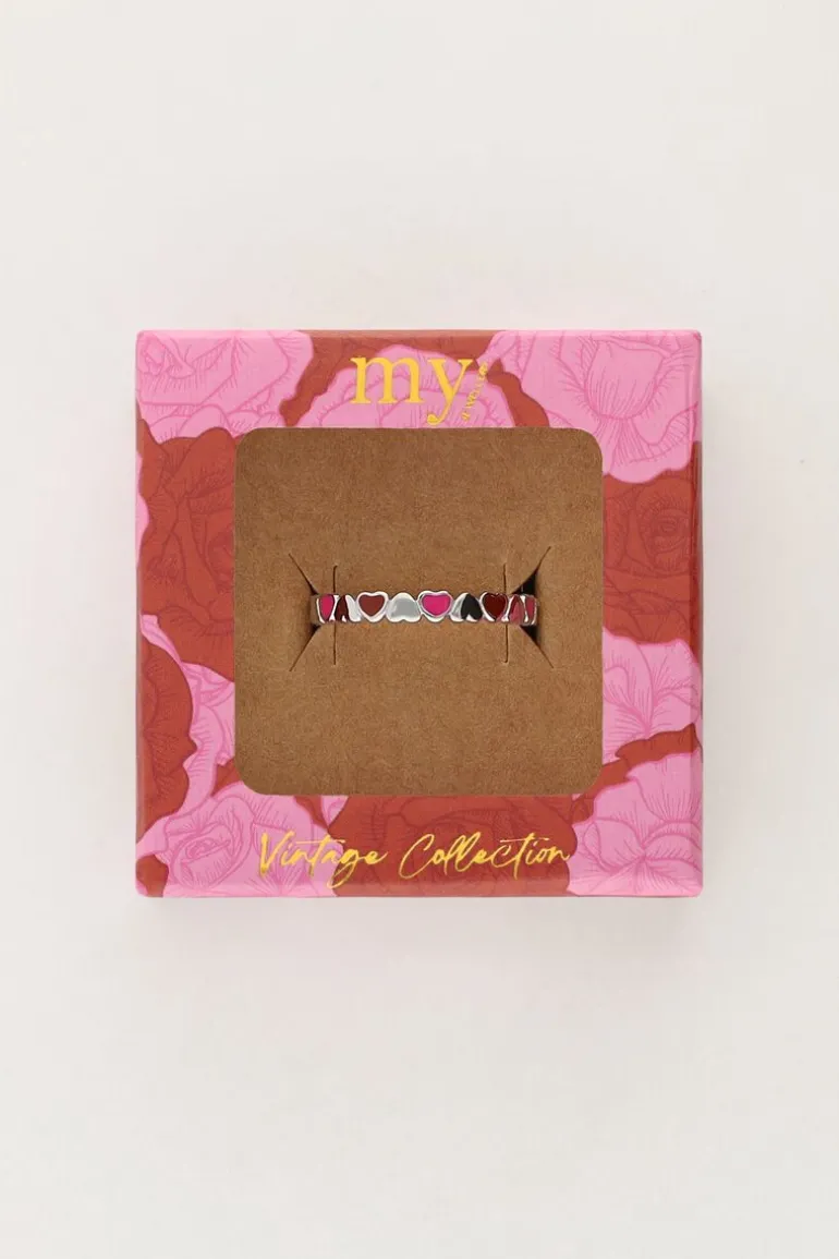 Vintage Ring Met Roze & Rode Hartjes