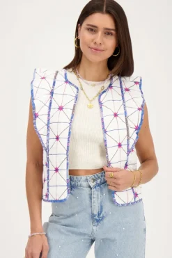 Wit Gilet Met Blauw En Roze Embroidery