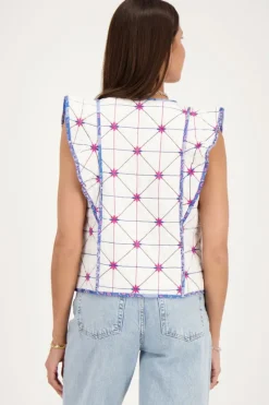 Wit Gilet Met Blauw En Roze Embroidery