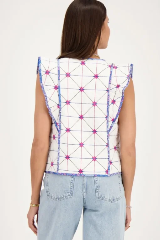 Wit Gilet Met Blauw En Roze Embroidery