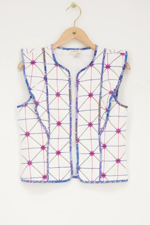 Wit Gilet Met Blauw En Roze Embroidery
