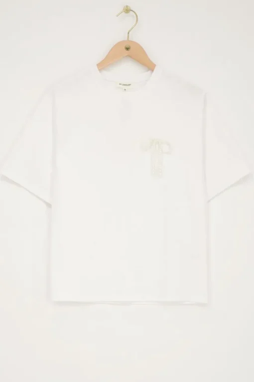Wit T-shirt Met Parel Strik