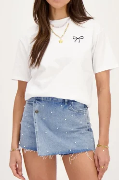 Wit T-shirt Met Zwarte Strik Embroidery