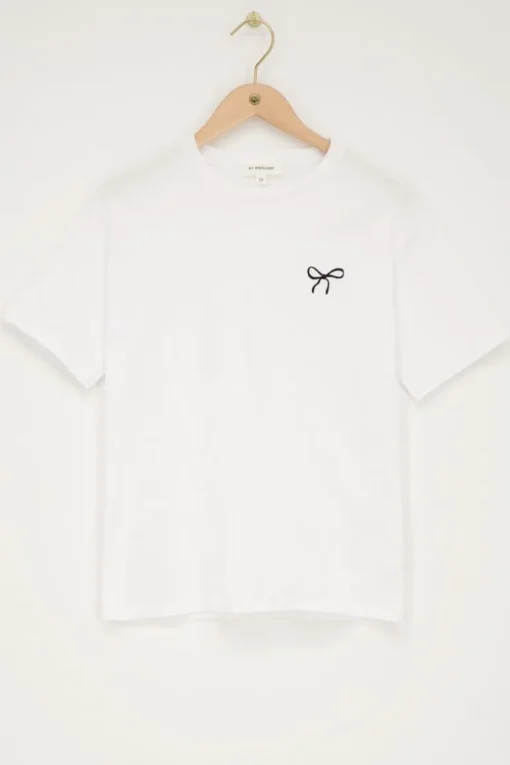 Wit T-shirt Met Zwarte Strik Embroidery