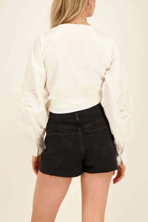 Witte Blouse Met Geborduurde Mouwen & Plooien