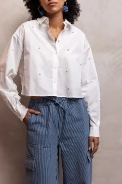 Witte Cropped Blouse Met Parels