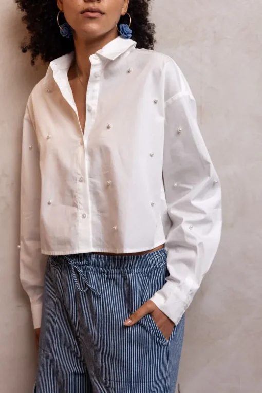 Witte Cropped Blouse Met Parels
