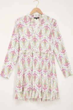 Witte Jurk Met Gekleurde Boho Print En Ruffles