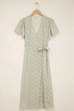 Witte Midi Wikkeljurk Met Blauwe Bloemenprint