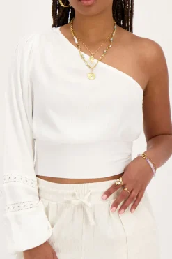 Witte One-shoulder Top Met Smock En Tapes