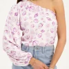 Witte One-shoulder Top Met Paarse Zee-print
