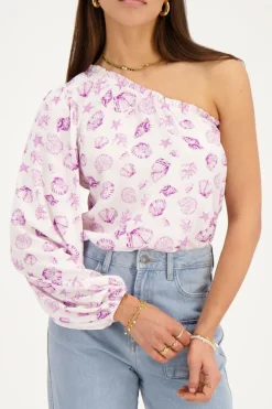 Witte One-shoulder Top Met Paarse Zee-print