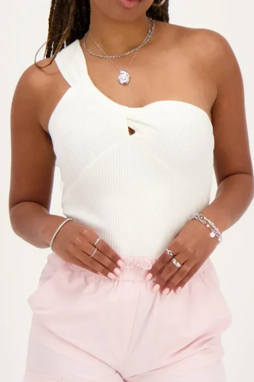 Witte One-shoulder Top Met Gedraaid Effect