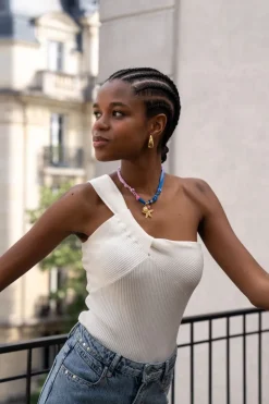 Witte One-shoulder Top Met Gedraaid Effect
