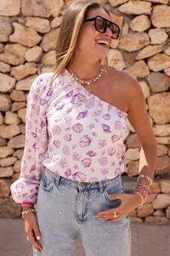 Witte One-shoulder Top Met Paarse Zee-print