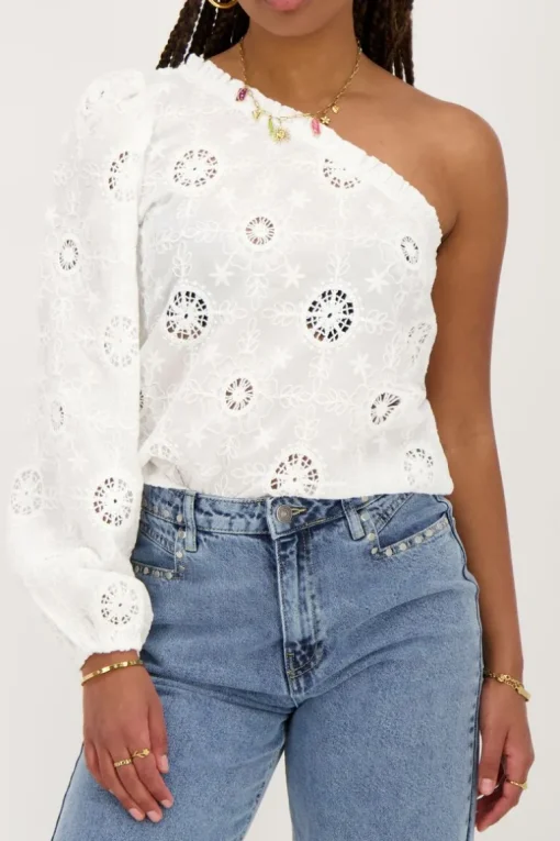 Witte One-shoulder Top Met Embroidery