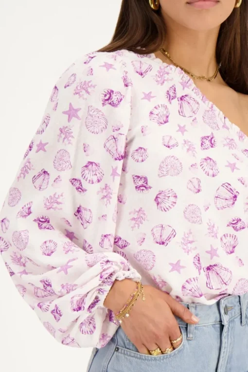 Witte One-shoulder Top Met Paarse Zee-print