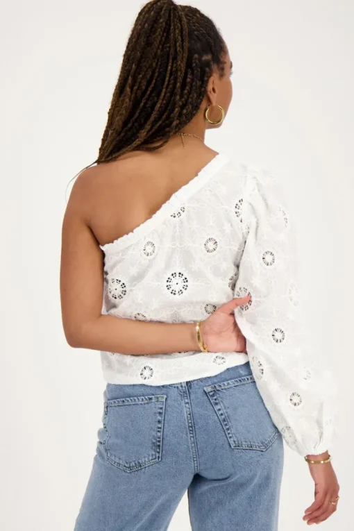 Witte One-shoulder Top Met Embroidery