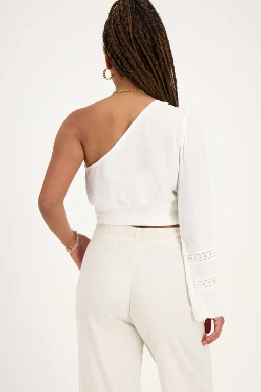 Witte One-shoulder Top Met Smock En Tapes