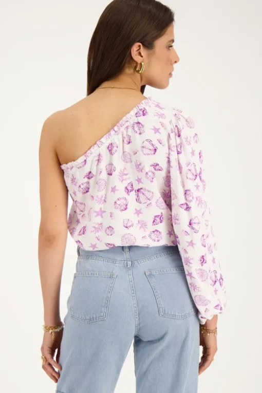 Witte One-shoulder Top Met Paarse Zee-print